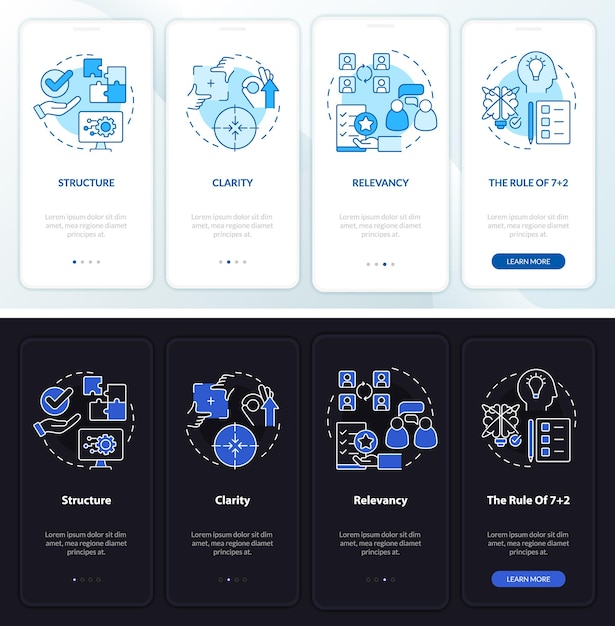Professional interaction night and day mode onboarding mobile app screen Walkthrough 4 steps graphic instructions pages with linear concepts UI UX GUI template Myriad ProBold Regular fonts used