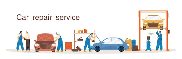 Professional mechanic in overalls working at car repair service vector flat illustration. Colorful man and woman at process diagnostic, lift, change of machine oil isolated on white background.