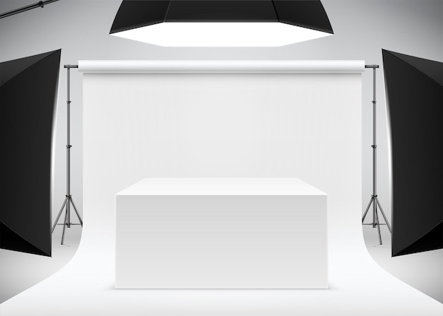 Professional product photo shooting scene with white box table realistic vector illustration