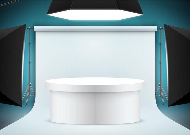 Professional product photo shooting scene with white oval table backdrop paper and studio lights