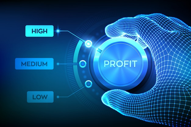 profit levels knob button. increasing profit level. wireframe hand setting profit button on highest position.