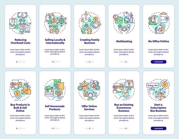 Profitable home based business onboarding mobile app screen set
