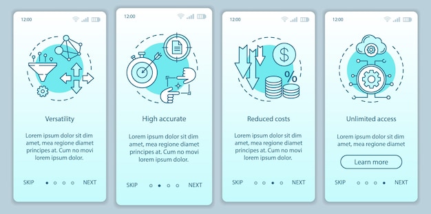 Profits of technologies onboarding mobile app page screen with linear concepts. Versatility, accurate, open access walkthrough steps graphic instructions. UX, UI, GUI vector template with illustration