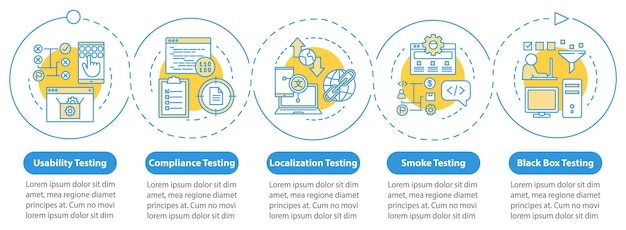 Program usability testing vector infographic template. Business presentation design elements. Data visualization with five steps and options. Process timeline chart. Workflow layout with linear icons