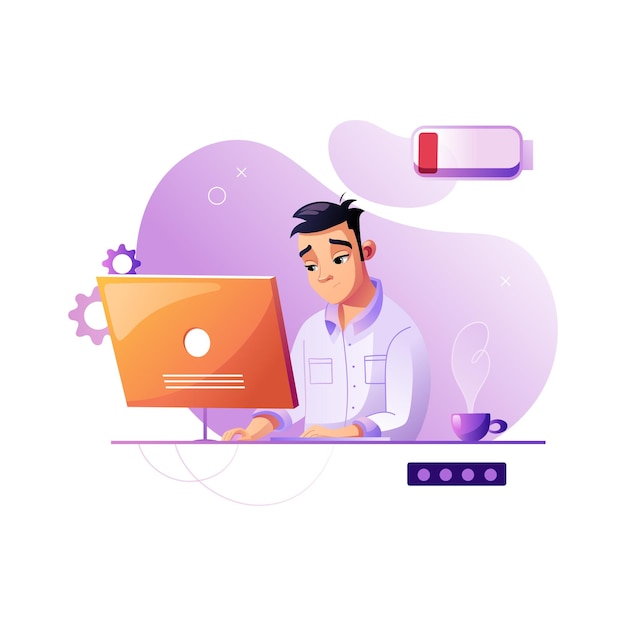 Programmer Coder is tired at work Development of programming and coding technologies Low battery