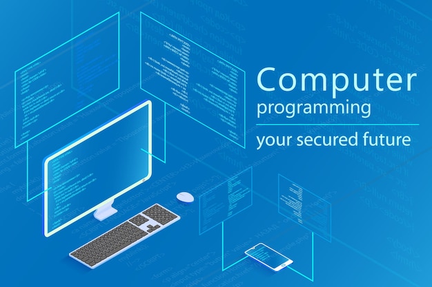 Programmer coding binary computer isometric flat vector design
