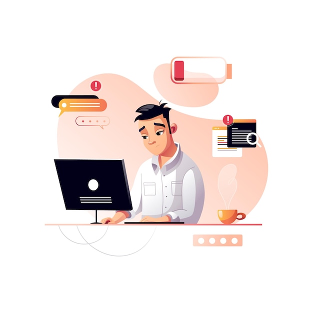 Programmer is tired at work Development of programming and coding technologies Low battery Isolated