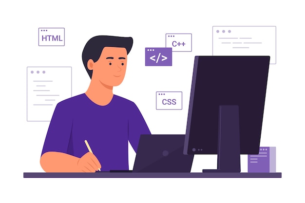 Programmer Man Process Coding with Laptop Computer for Software Development Concept Illustration