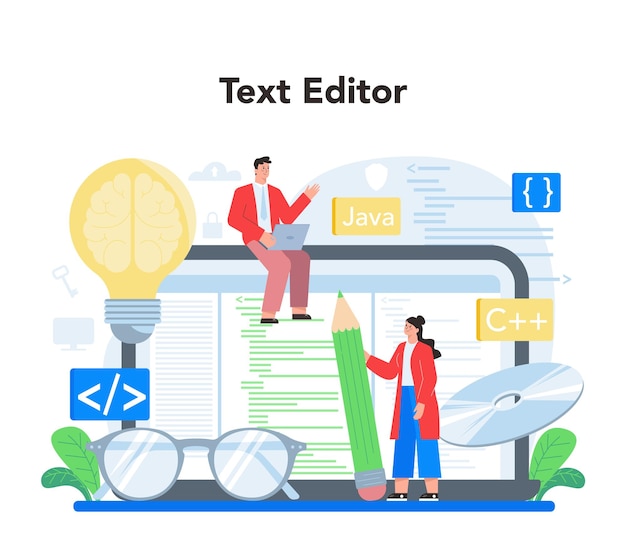 Programmer online service or platform Coding testing and writing program Website development and optimization Online text editor Isolated vector illustration
