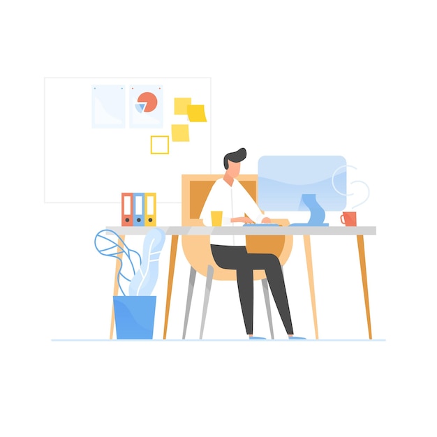 Programmer or coder sitting at desk and working on computer.