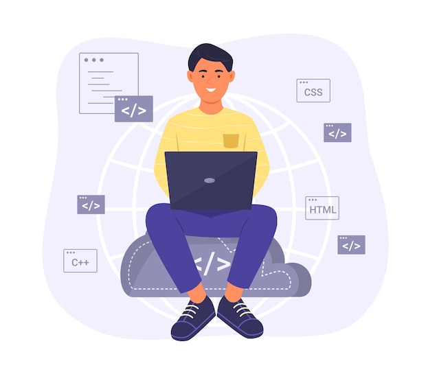 Programmer Sitting on Cloud Computing Symbol and Process Coding for Software Development Concept