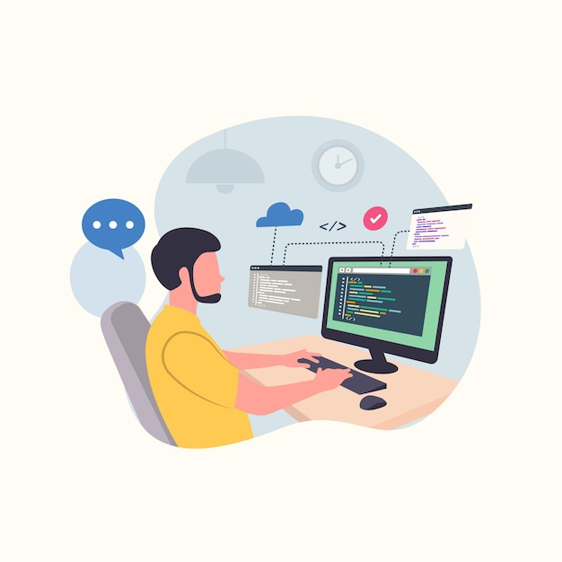Programmer typing data code on computer for software development