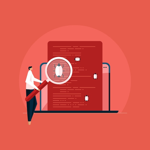 Programmer with magnifier looking for defect in programmed Software application Bugs Error testing