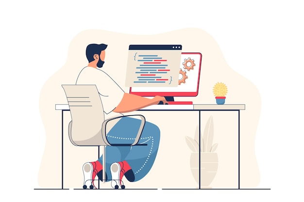 Programmer working concept for web banner Man work with code and programming at computer