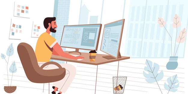 Programmer working people concept in modern flat design. Man developer work in office, creates software, coding, testing and optimization programs, person scene. Vector illustration for web banner