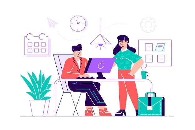 Programmers or coders working together. Front-end and back-end software development and testing, programming or program coding. Conversation between colleagues at work. Flat style  illustration