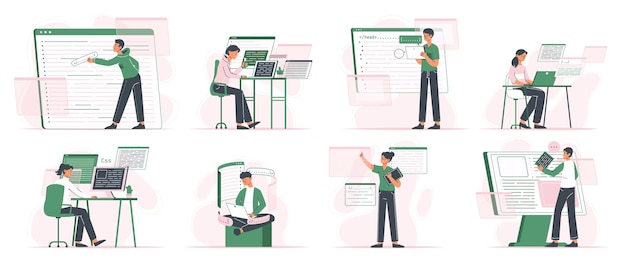 Programmers software engineers and developers coding and testing project flat vector illustrations