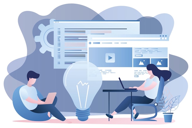 programmers with laptops at workplace frontend and backend development idea bulb and startup