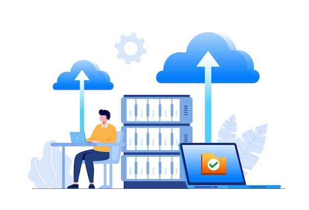 Programmers with laptops working on code and big data. software development, data processing and analysis, data applications and management concept. Flat vector illustration