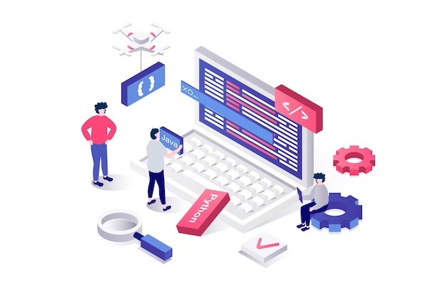 Programming 3d isometric concept in geometry graphic design for web People developing new software coding and engineering programs working with project at computer screen Vector illustration