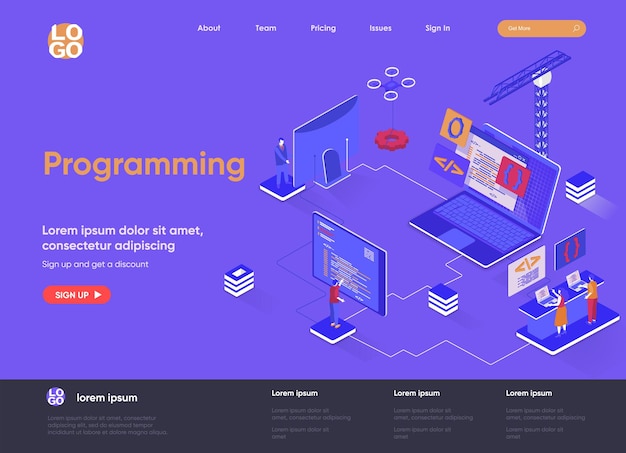 Programming 3d isometric landing page illustration with people characters