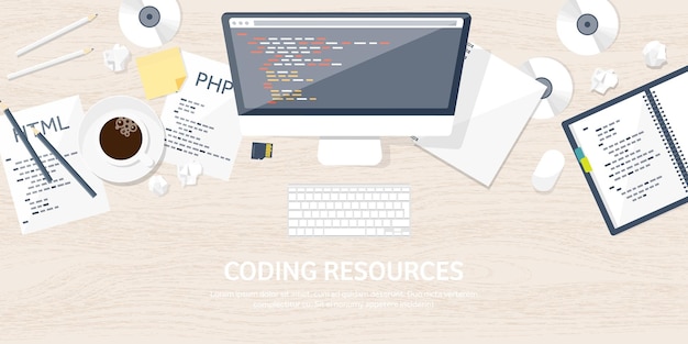 Programming and coding flat computing background code hardware software web development seo search
