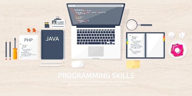 Programming and coding flat computing background code hardware software web development seo search