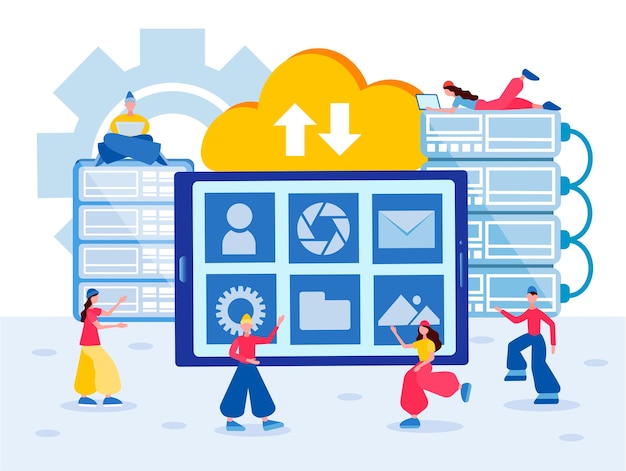 programming cloud computing electronic gadgets social media technical support vector illustration