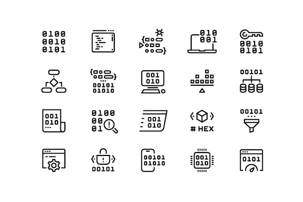 Programming code line icons Binary hex and machine code compiling and running software and operating system development Vector editable stroke collection