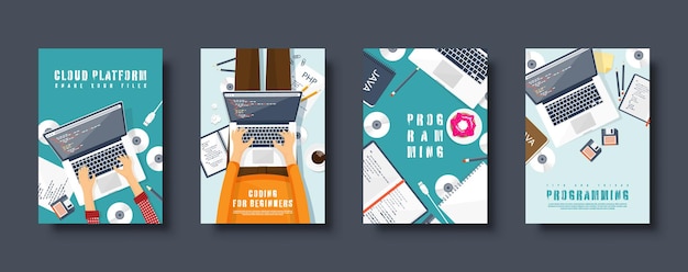 Programming coding flat style covers set computing background code hardware software web development