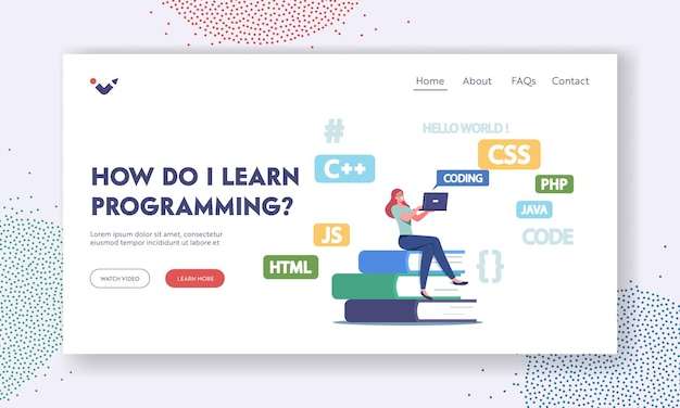 Programming, Coding Landing Page Template. Programmer Tiny Female Character Sit on Huge Textbooks Pile Work on Laptop Developing Languages, Websites or Software. Cartoon People Vector Illustration