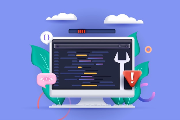 Programming concept 3D illustration Icon composition with coding and testing on computer