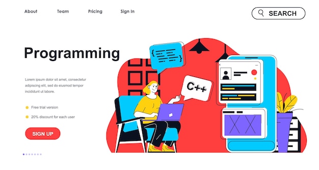 Programming concept for landing page template Woman writing code and creating mobile app interface Software development people scene Vector illustration with flat character design for web banner