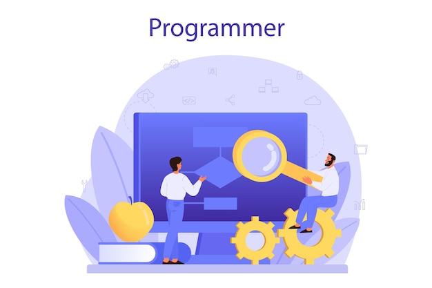 Programming concept. Idea of working on the computer, coding, testing and writing program, using internet and different software. Website development . Isolated vector illustration