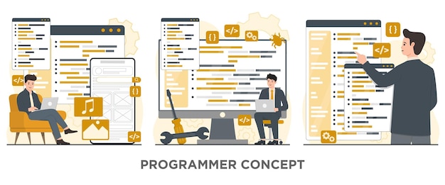 Programming concept set Software development coding and programming Vector flat illustration