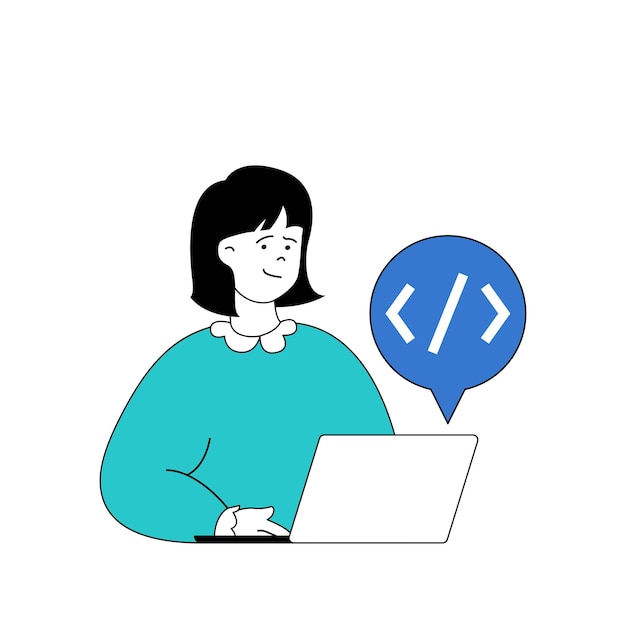programming concept with cartoon people in flat design for web woman creating program code and scripts working in it company online vector illustration for social media banner marketing material