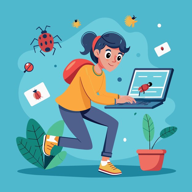 Programming debug search for application software bug and fix code concept young nerd programmer