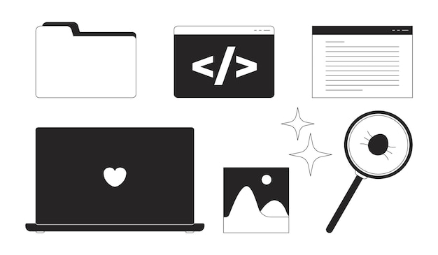 Programming desktop icons black and white 2D line objects set
