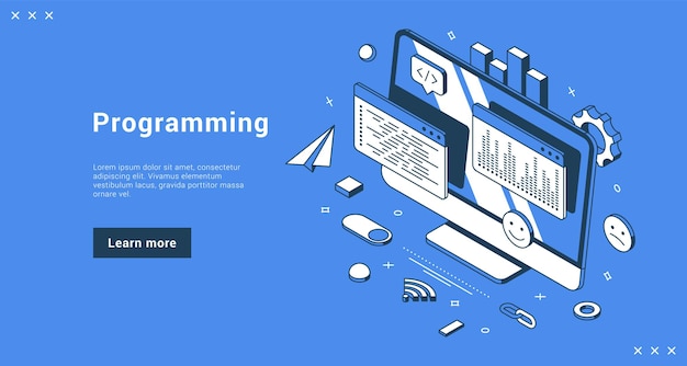 Programming professional service website software development with computer monitor workflow internet banner landing page isometric vector illustration. Coding web digital optimization user interface