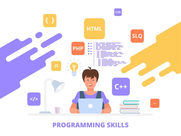 Programming skills Working programmer, software development Flat  illustration concept can use for web banner, infographics, hero images.