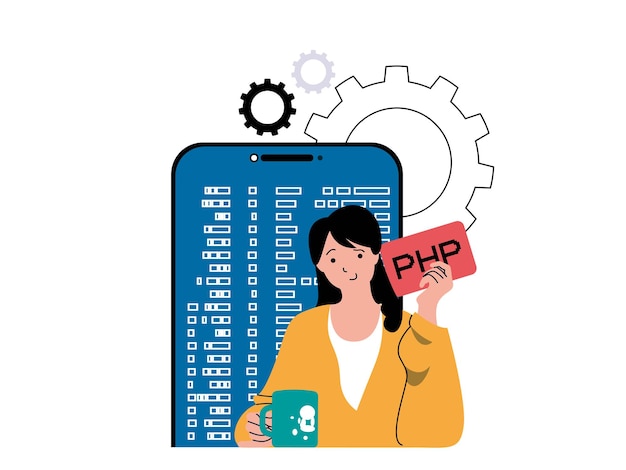 Programming software concept with character situation Woman working with program code on mobile platform app testing and optimization Vector illustration with people scene in flat design for web