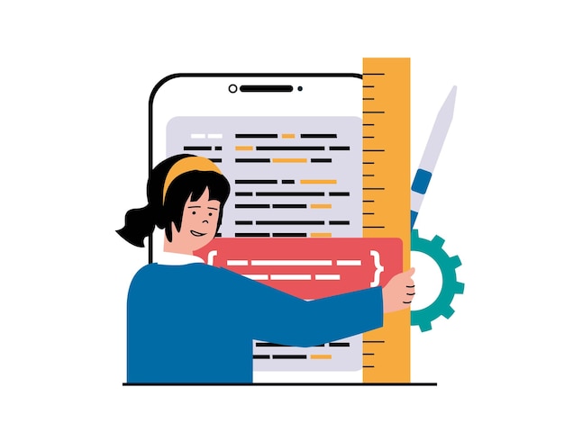 Programming software concept with character situation Woman working with program code testing and optimization engineering process Vector illustration with people scene in flat design for web