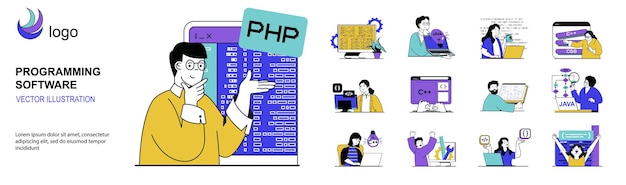 Programming software concept with character situations mega set in flat web design Bundle of scenes people writing and optimizing code working with different program languages Vector illustrations