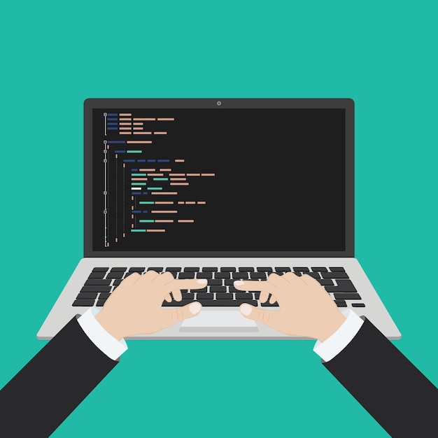 Programming web development concept Code on the screen laptop Flat vector illustration