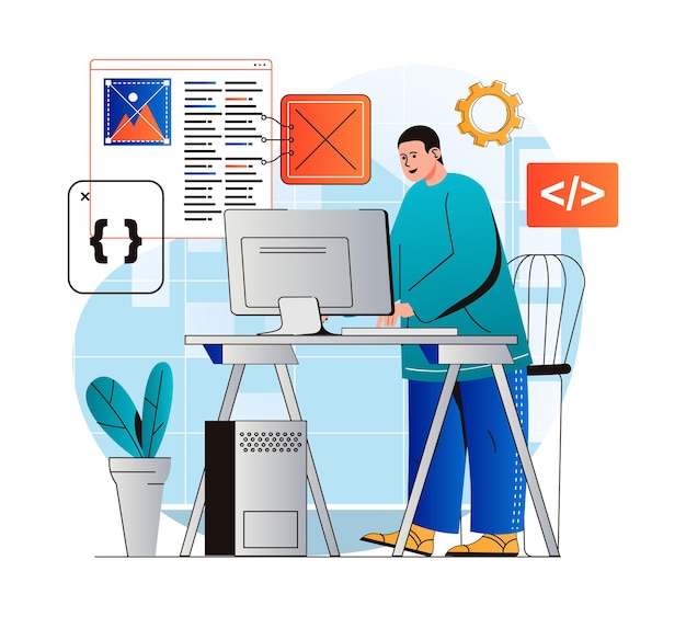 Programming working concept in modern flat design Developer programs in different languages