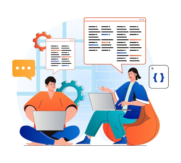 Programming working concept in modern flat design Developer team creates software brainstorming