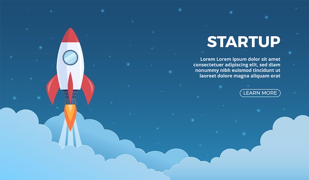 Project launch. Business startup landing page with rocket symbol, starting shuttle in sky banner, future website presentation, creative idea and innovation new original product app flat vector concept