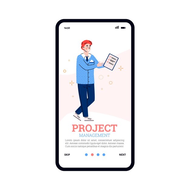 Project management concept of onboarding mobile page flat vector illustration