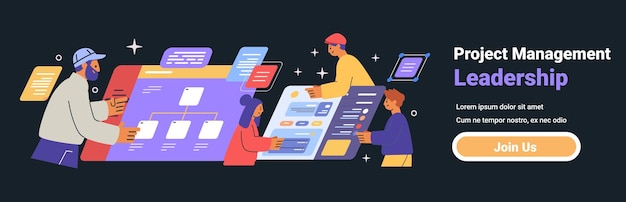 Project management leadership teamwork concept people collaborating on digital interfaces dark