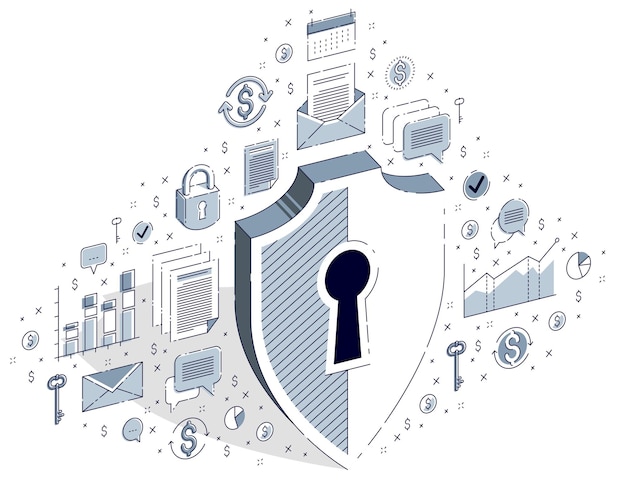 Protection of finances concept, financial safety, Life Buoy and Shield isolated on white background. Vector 3d isometric business illustration with icons, stats charts and design elements.